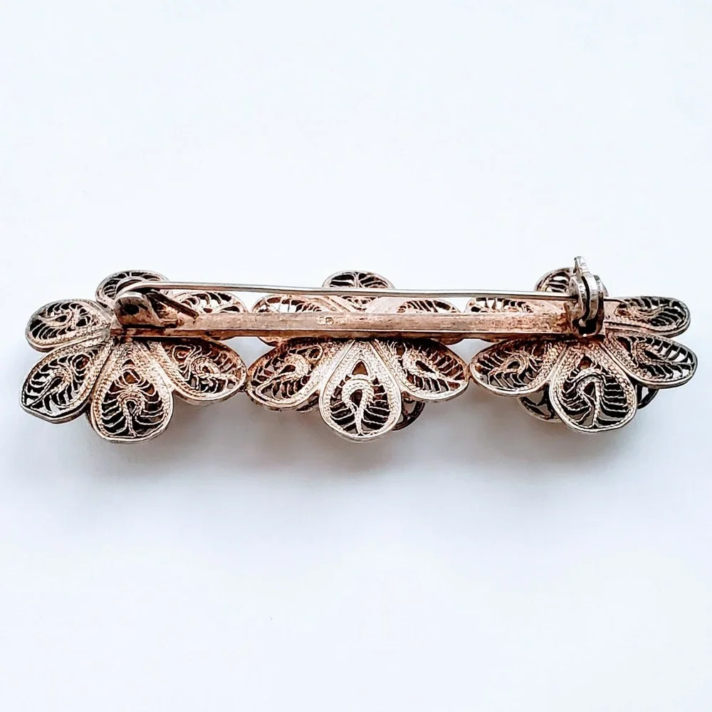 Vintage Sterling Silver Mexico Trio Filigree Design Rosebud Brooch Pin